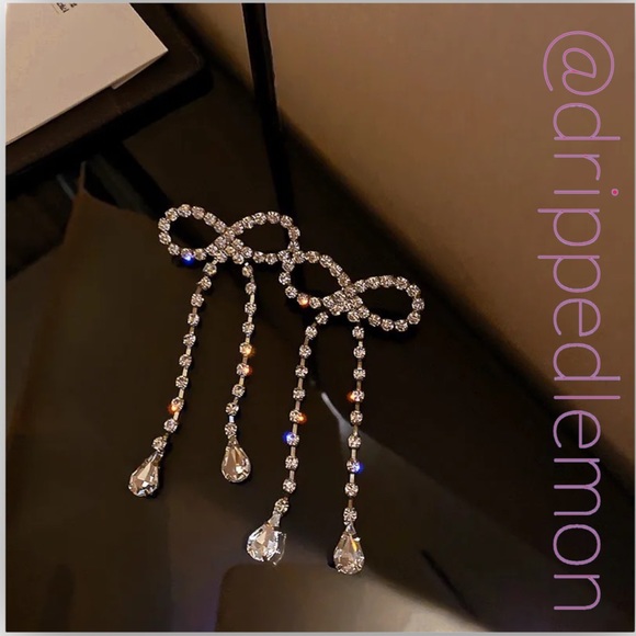 Big Bow Crystal Drop Silver Bling Earrings Women Long Tassel Rhinestone Sparkle - Picture 2 of 4
